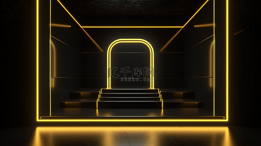 霓虹灯框背景图片_3d 渲染中的黄色霓虹灯框黑色舞台