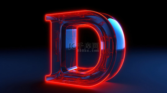 霓虹字母背景图片_发光的蓝色字母与 3D 渲染的霓虹灯红色大写 d