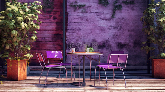 户外咖啡馆的户外餐桌和椅子，采用充满活力的长春花设置 3D 渲染