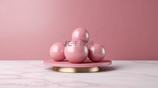 3D 豪华产品展示台的顶视图平躺，带有亮粉色和金色大理石