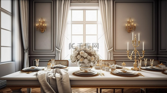 优雅的餐厅环境与豪华的桌子 3D 渲染