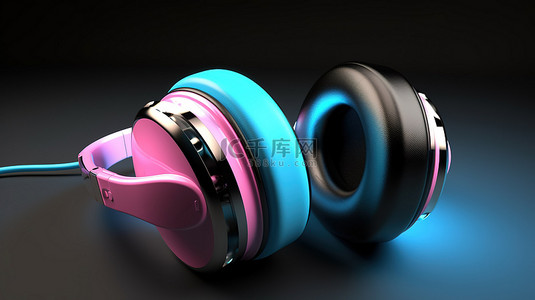 具有蓝色和粉色色调的 3D 耳机