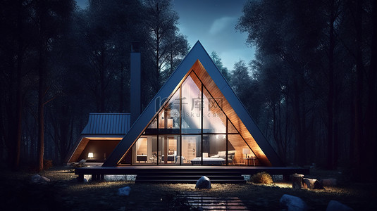 创新的三角形房屋设计，具有夜间森林背景和照明 3D 渲染