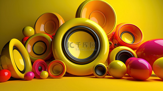 音乐中背景图片_插图中的彩色圆圈和黄色 3D 扬声器