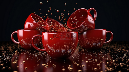 特写 3D 渲染充满活力的红色金属牛奶杯与薄片和黑色饮料罐