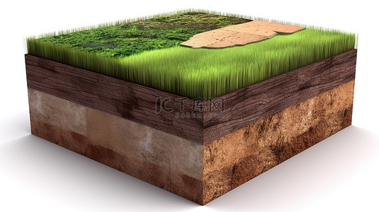 白色背景下土壤立方体横截面上绿草的孤立 3d 渲染
