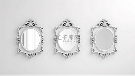 3D 插图中安装在白墙上的传统三联镜框