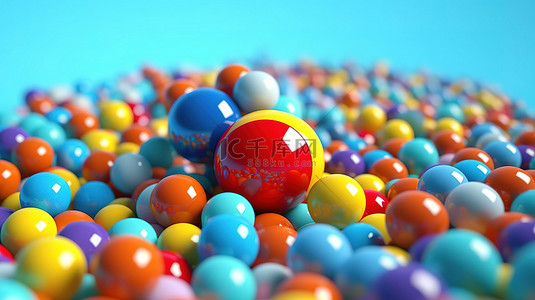 蓝色背景 3D 渲染上甜蜜糖果包围的彩色球