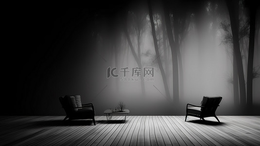 黑色森林背景背景图片_森林背景模糊和神秘黑影的户外休息室设计 3D 插图