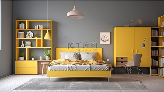 时尚的宿舍间灰色墙壁黄色书柜和两张单人床，配有 3D 渲染概念化的相框