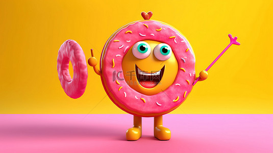 黄色背景的 3D 渲染，中心有射箭靶和飞镖，并伴有大草莓粉色釉面甜甜圈吉祥物角色
