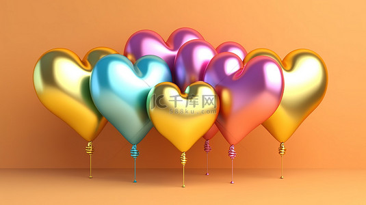 金色2022背景图片_彩虹背景与心形金气球庆祝新年 3d 渲染水平横幅