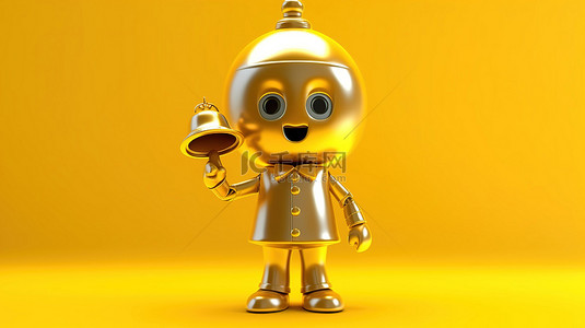 酒店人物背景图片_黄色背景下持有金奖获得者奖杯和酒店服务铃的吉祥物人物角色的 3D 渲染