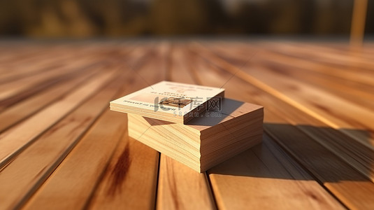 木质表面上显示的名片的 3D 渲染