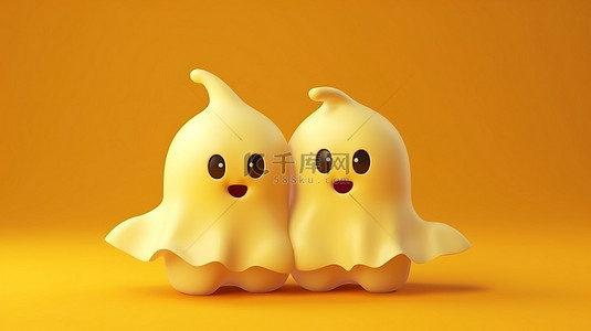 可爱的鬼魂和蝙蝠在充满活力的黄色背景 3D 插图上庆祝万圣节