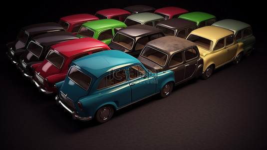 各种彩色复古紧凑型汽车堆积在 3D 渲染中