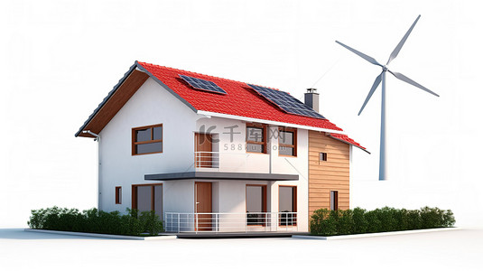 生态友好的家庭隔离 3D 插图的房子与太阳能电池板和风车在白色背景