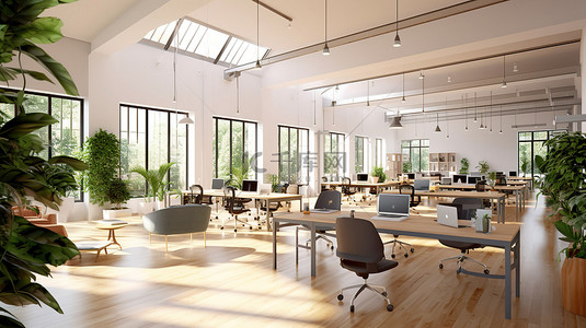 充满活力的联合办公空间的 3D 渲染，具有开放式办公室内部和共享办公桌