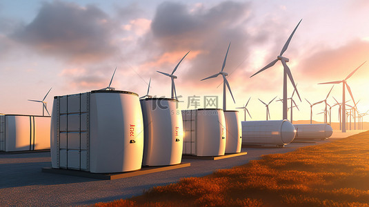 可再生能源风力涡轮机和光伏发电氢能存储概念的 3D 渲染