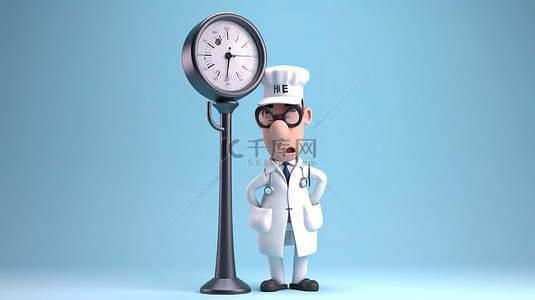 穿着制服和听诊器的卡通医生角色站在 3D 渲染中的超大温度计旁边