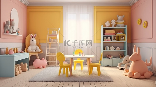 俏皮儿童房室内设计的 3D 插图，配有桌椅和玩具