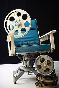 相机胶片背景图片_一把白色的椅子，上面有相机胶片和胶片卷轴