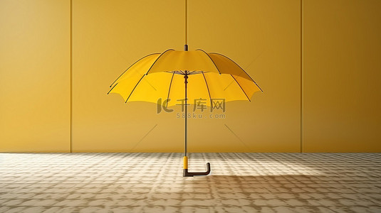 真实放置在地板背景上的黄色雨伞的 3D 渲染