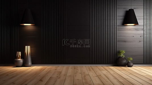 带有浅色木地板的黑墙上海报模板的 3D 渲染
