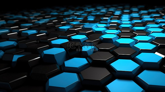 科技3背景图片_黑色和蓝色色调的六边形图案的 3d 渲染