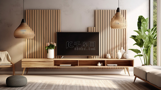 安装在客厅板条墙上的电视木柜的 3D 渲染，配有吊椅