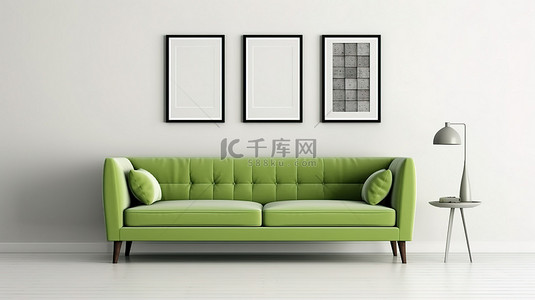 3D 渲染绿色沙发在舒适的客厅里，配有空白相框原型