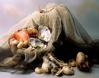 海鲜蛤蜊背景图片_网中的海鲜