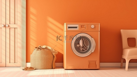 堆洗衣服背景图片_单色橙色室内房间 3D 设计中的金色洗衣篮和洗衣机