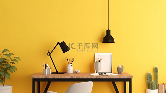 锦标赛海报背景图片_3D 渲染的模拟海报在带有黄色墙壁背景的时髦室内展示