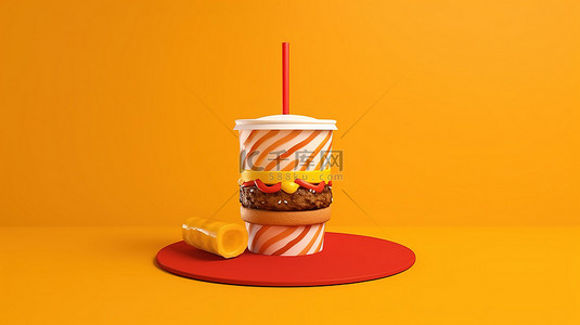 黄色背景下汉堡和饮料杯的 3D 渲染