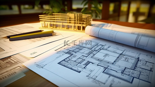 桌面建筑和设计施工和建筑的建筑平面图和 3D 模型