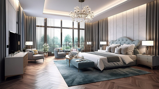 优雅的总统套房设有宽敞的卧室豪华床和舒适的客厅配有沙发和电视柜 3D 渲染