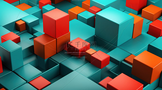 蓝色背景上绿色红色和橙色几何形状的 3D 渲染抽象插图
