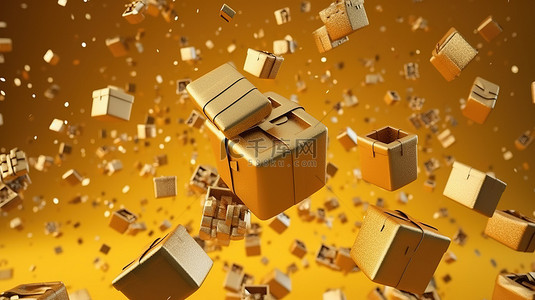 时尚图像背景图片_时尚简约的礼品盒图像落在使用 3D 渲染技术创建的闪闪发光的金色五彩纸屑床上