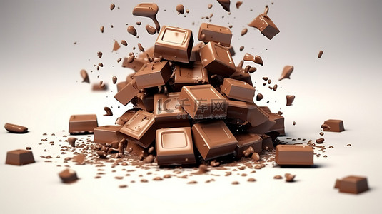 人们吃食物背景图片_巧克力块层叠在巧克力堆上的迷人 3D 插图