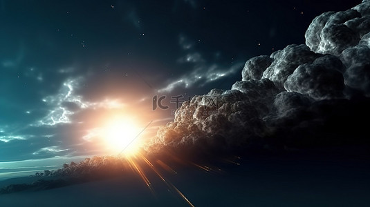 流星雨背景图片_满月和流星雨在多云的夜晚 3d 渲染