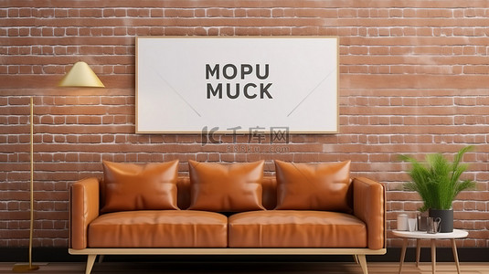 现代内墙上有三张海报的棕色皮革沙发的 3D 渲染