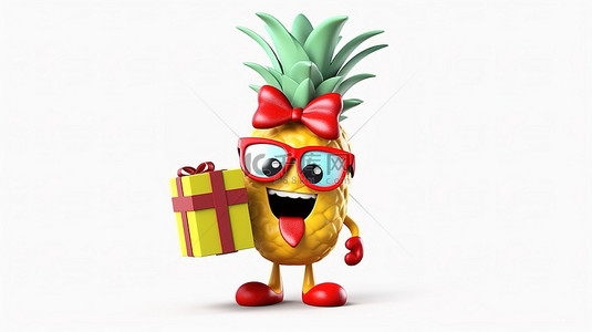 3D 渲染的卡通菠萝时髦人物吉祥物，白色背景上配有礼品盒和红丝带，增添了有趣的时尚触感