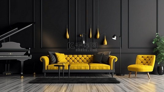 客厅钢琴背景图片_时尚的黑色和黄色主题模型，配有钢琴沙发和框架，采用现代内饰