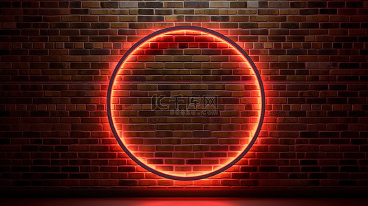 霓虹灯椭圆框架照亮砖墙背景 3d 渲染的“开放”标志