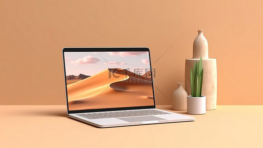 米色背景白色桌子上时髦风格笔记本电脑屏幕模型的 3D 渲染