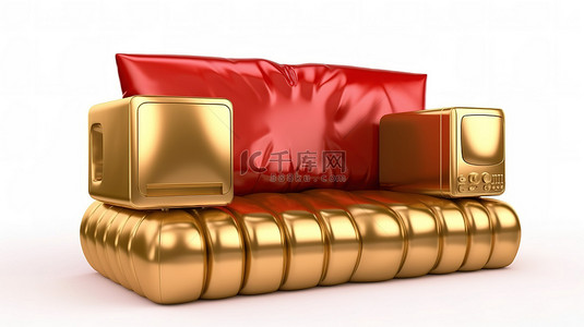 金色电视栖息在红色枕头上，位于白色背景下的 3D 渲染设置中的金色屏障之间