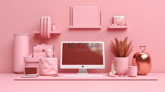 粉色和玫瑰金工作室中响应式网站和设备的 3D 渲染