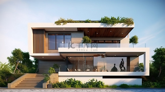 自然风景石背景图片_带有露台和立面设计的简约现代住宅的 3D 渲染插图