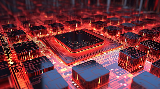 电脑红色背景背景图片_未来派 3D 渲染处理器以红色照亮电子抽象城市板上的网络建筑